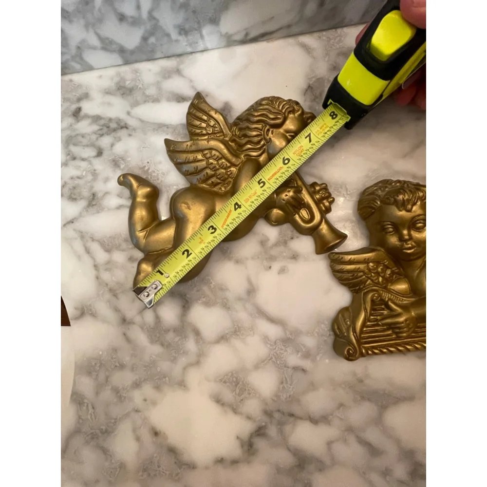 VTG Gold Wood Cherub Wall Plaques Set 2 Angels Playing Horn & Lyre 8” Christmas
